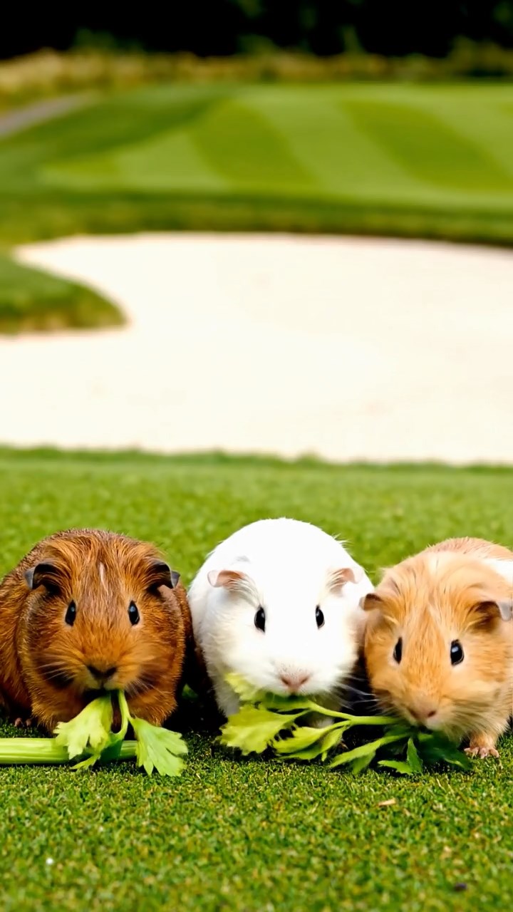 1545. Photorealistic photo of 3 smooth-haired Teddy guinea pigs with brown, cream, and fawn fur, nibbling on celery leaves, on a golf links green with bunkers.