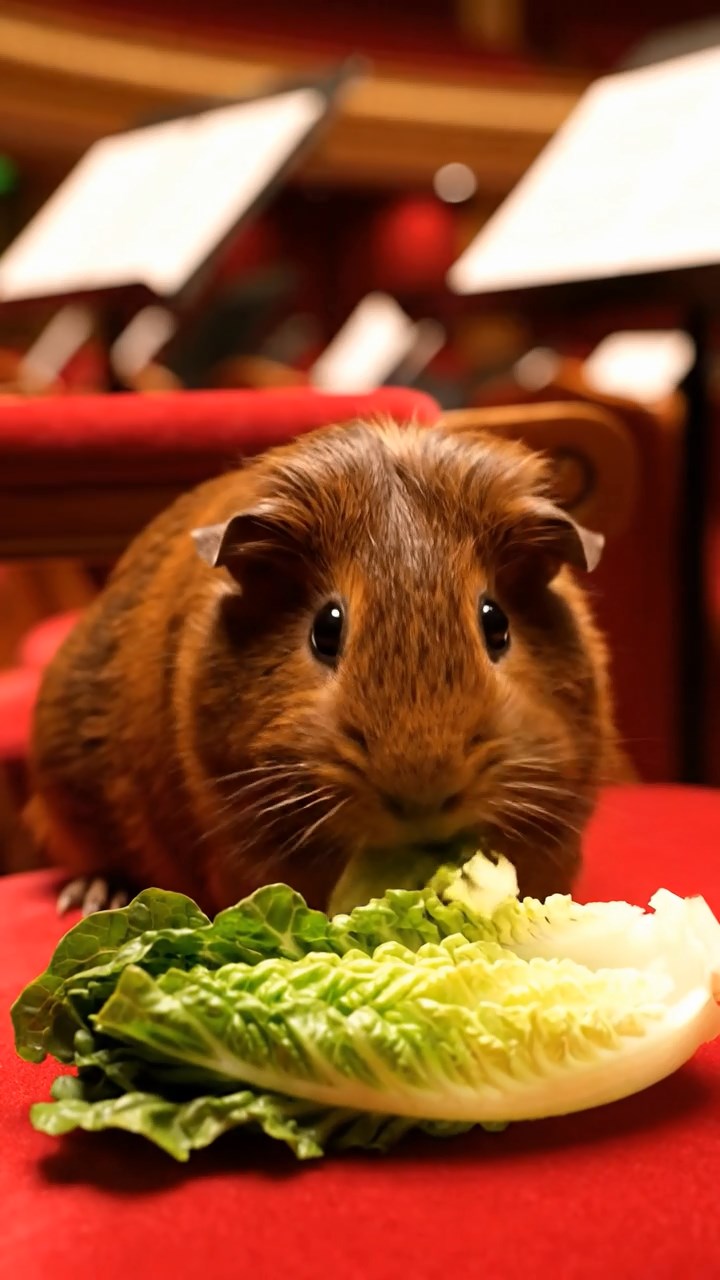1546. Realistic depiction of 1 smooth-haired Texel guinea pig with chocolate fur, chewing on romaine hearts, among concert hall seats with music stands.