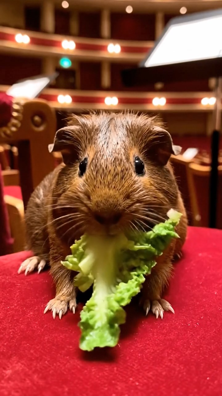 1546. Realistic depiction of 1 smooth-haired Texel guinea pig with chocolate fur, chewing on romaine hearts, among concert hall seats with music stands.