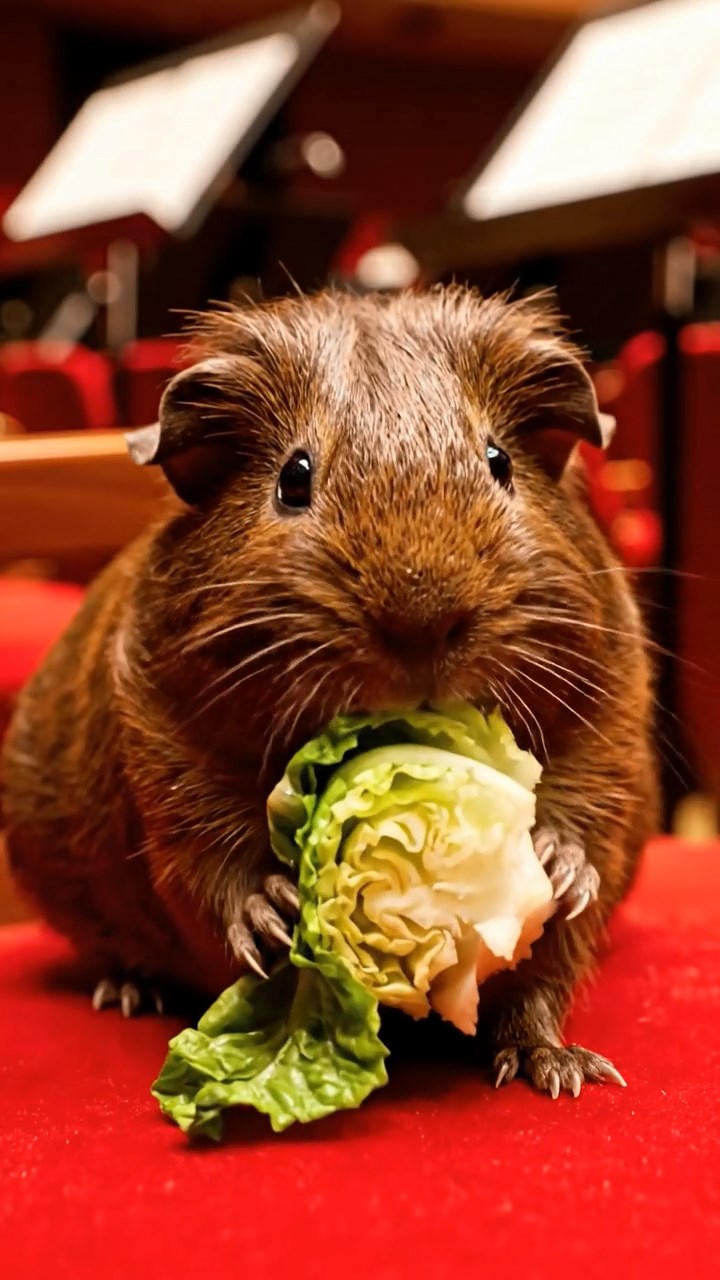 1546. Realistic depiction of 1 smooth-haired Texel guinea pig with chocolate fur, chewing on romaine hearts, among concert hall seats with music stands.