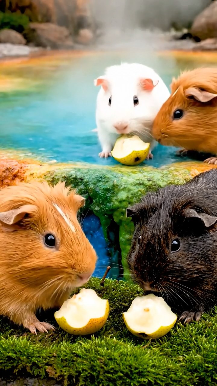 1547. Detailed image of 4 smooth-haired Rex guinea pigs in cinnamon, sable, and white colors, sharing pear cores, by a colorful geyser pool with steam.