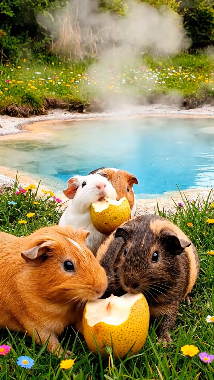 1547. Detailed image of 4 smooth-haired Rex guinea pigs in cinnamon, sable, and white colors, sharing pear cores, by a colorful geyser pool with steam.