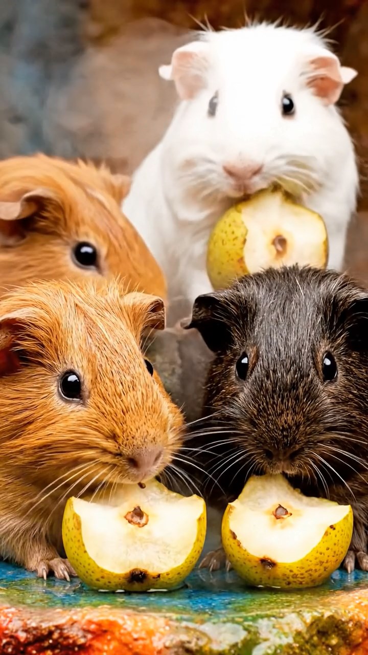 1547. Detailed image of 4 smooth-haired Rex guinea pigs in cinnamon, sable, and white colors, sharing pear cores, by a colorful geyser pool with steam.
