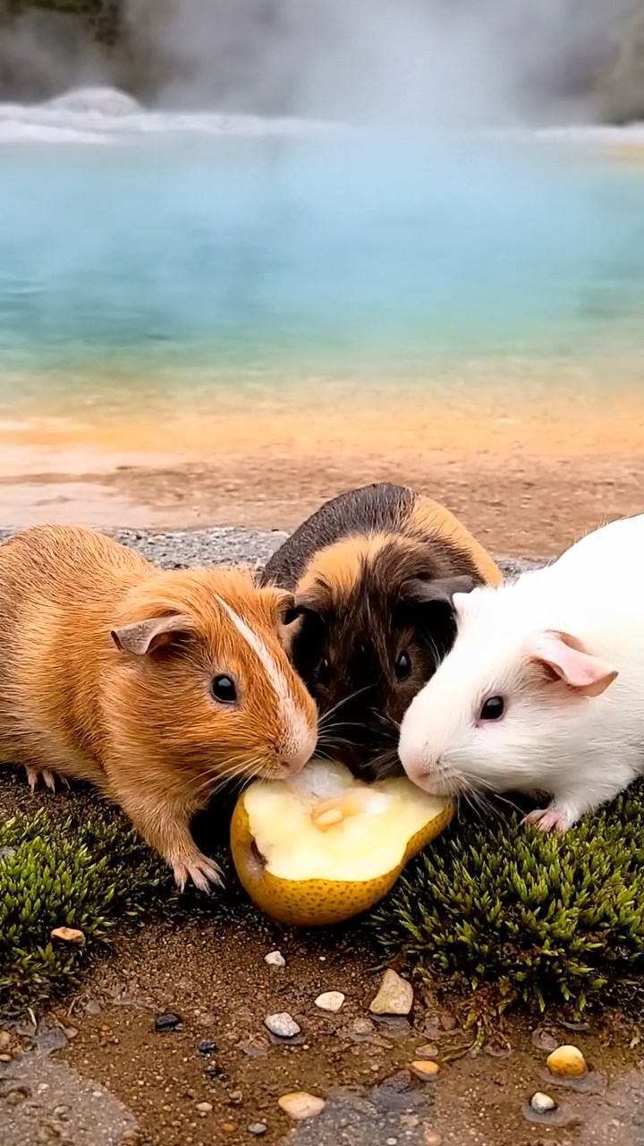 1547. Detailed image of 4 smooth-haired Rex guinea pigs in cinnamon, sable, and white colors, sharing pear cores, by a colorful geyser pool with steam.