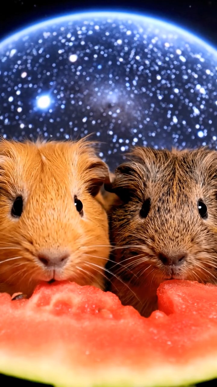 1548. Photorealistic scene of 2 smooth-haired Coronet guinea pigs with orange and gray fur, munching on watermelon slices, under a starry dome projection.