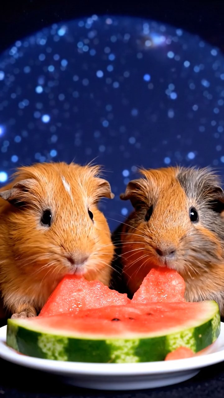 1548. Photorealistic scene of 2 smooth-haired Coronet guinea pigs with orange and gray fur, munching on watermelon slices, under a starry dome projection.