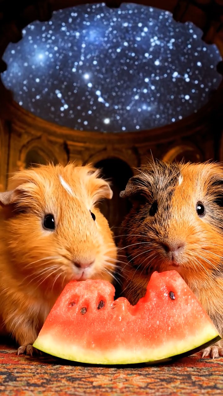 1548. Photorealistic scene of 2 smooth-haired Coronet guinea pigs with orange and gray fur, munching on watermelon slices, under a starry dome projection.