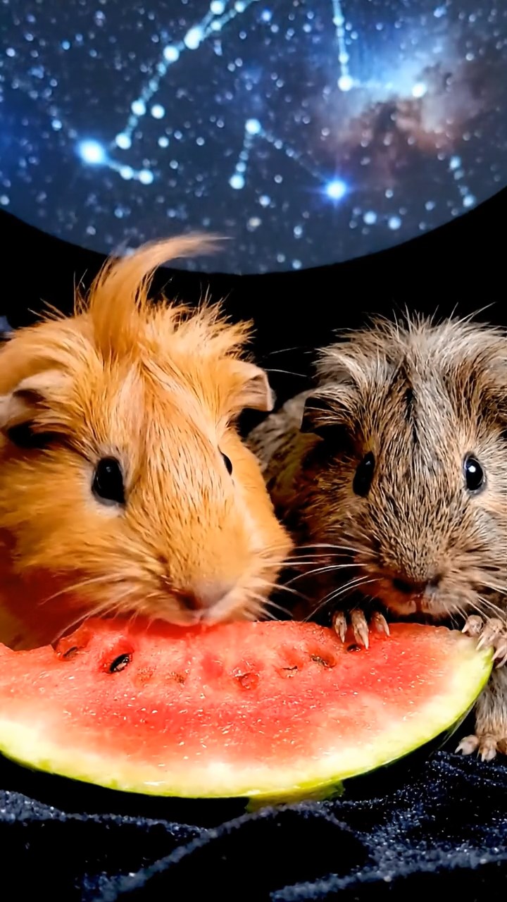 1548. Photorealistic scene of 2 smooth-haired Coronet guinea pigs with orange and gray fur, munching on watermelon slices, under a starry dome projection.