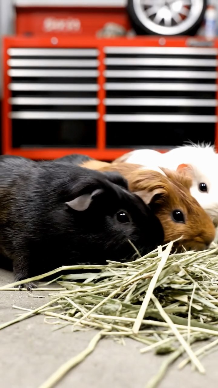 1549. Realistic photo of 3 smooth-haired White Crested guinea pigs featuring black, brown, and cream coats, eating timothy hay, in a motorsport garage area.