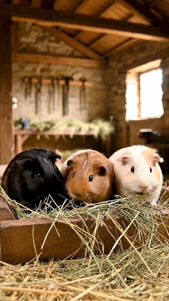 1549. Realistic photo of 3 smooth-haired White Crested guinea pigs featuring black, brown, and cream coats, eating timothy hay, in a motorsport garage area.
