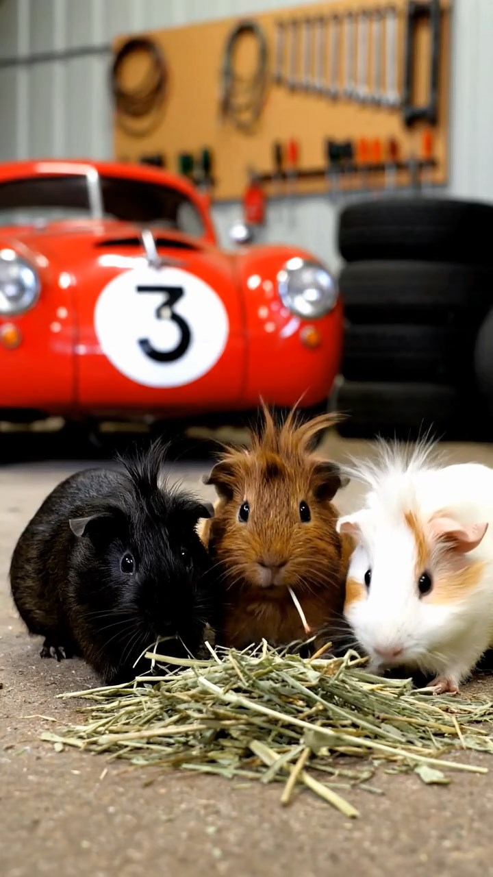 1549. Realistic photo of 3 smooth-haired White Crested guinea pigs featuring black, brown, and cream coats, eating timothy hay, in a motorsport garage area.