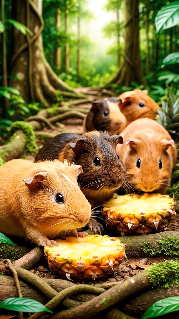 1550. Highly detailed view of 5 smooth-haired Skinny guinea pigs with fawn, chocolate, and cinnamon fur, nibbling on pineapple cores, along a jungle treetop path.