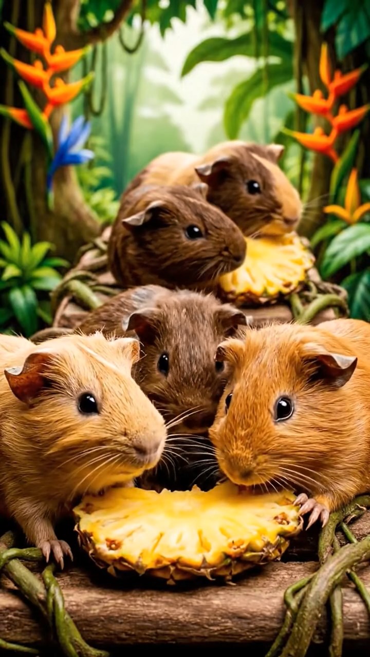 1550. Highly detailed view of 5 smooth-haired Skinny guinea pigs with fawn, chocolate, and cinnamon fur, nibbling on pineapple cores, along a jungle treetop path.