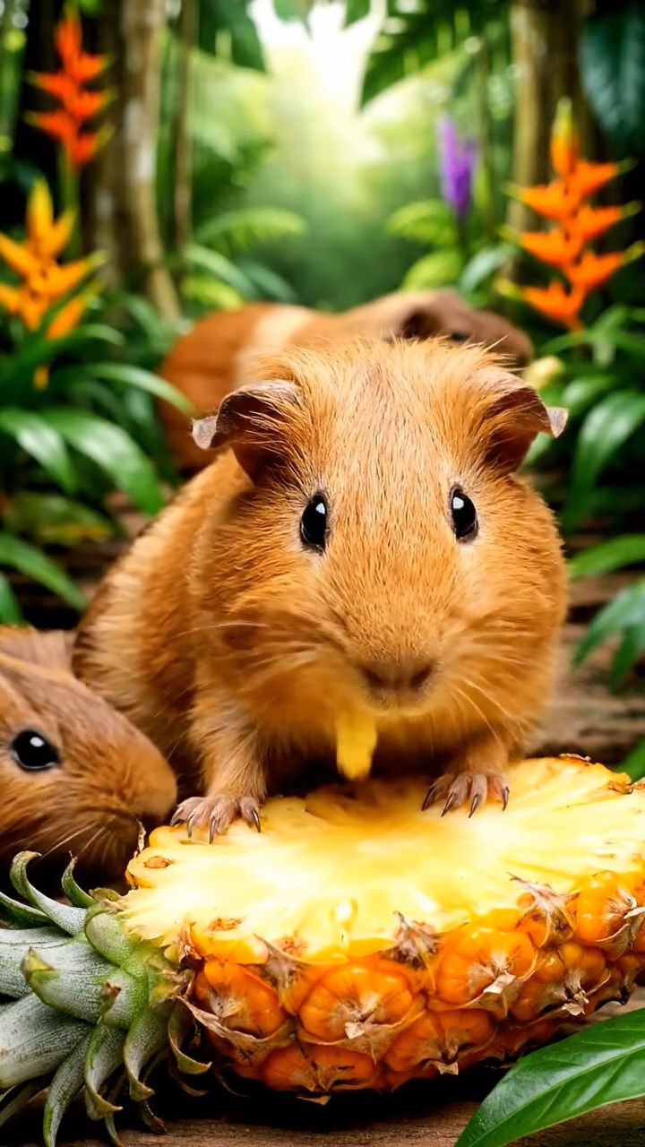 1550. Highly detailed view of 5 smooth-haired Skinny guinea pigs with fawn, chocolate, and cinnamon fur, nibbling on pineapple cores, along a jungle treetop path.