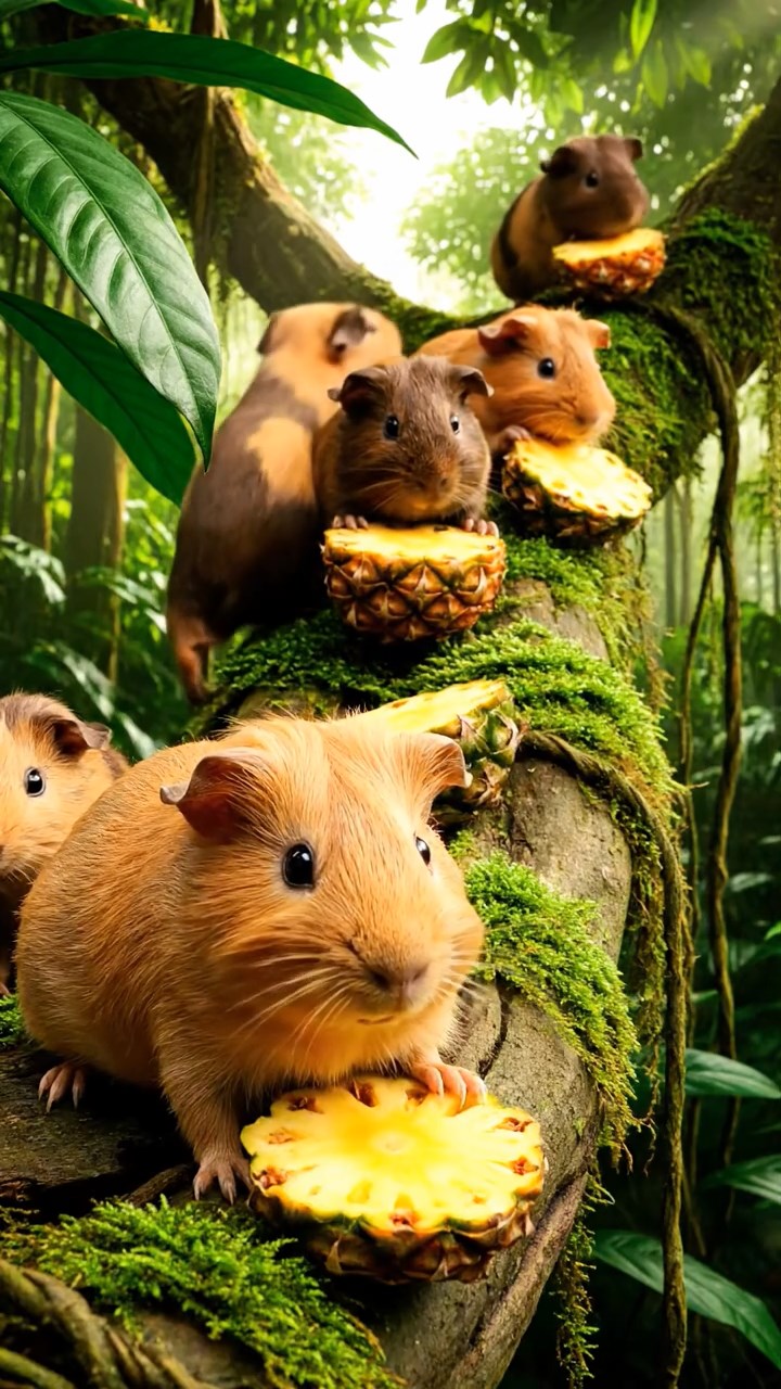 1550. Highly detailed view of 5 smooth-haired Skinny guinea pigs with fawn, chocolate, and cinnamon fur, nibbling on pineapple cores, along a jungle treetop path.