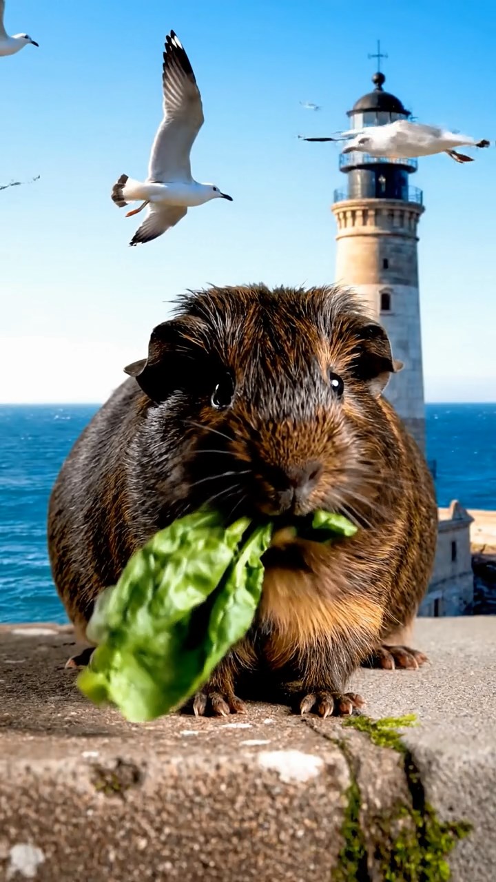 1551. Photorealistic image of 1 smooth-haired American guinea pig with sable fur, chewing on spinach bunches, atop a seaside lighthouse balcony with gulls.