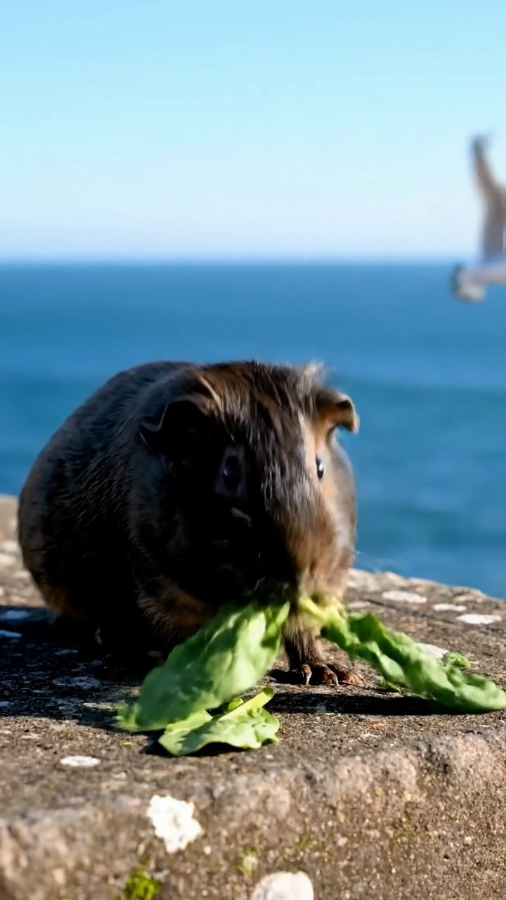 1551. Photorealistic image of 1 smooth-haired American guinea pig with sable fur, chewing on spinach bunches, atop a seaside lighthouse balcony with gulls.