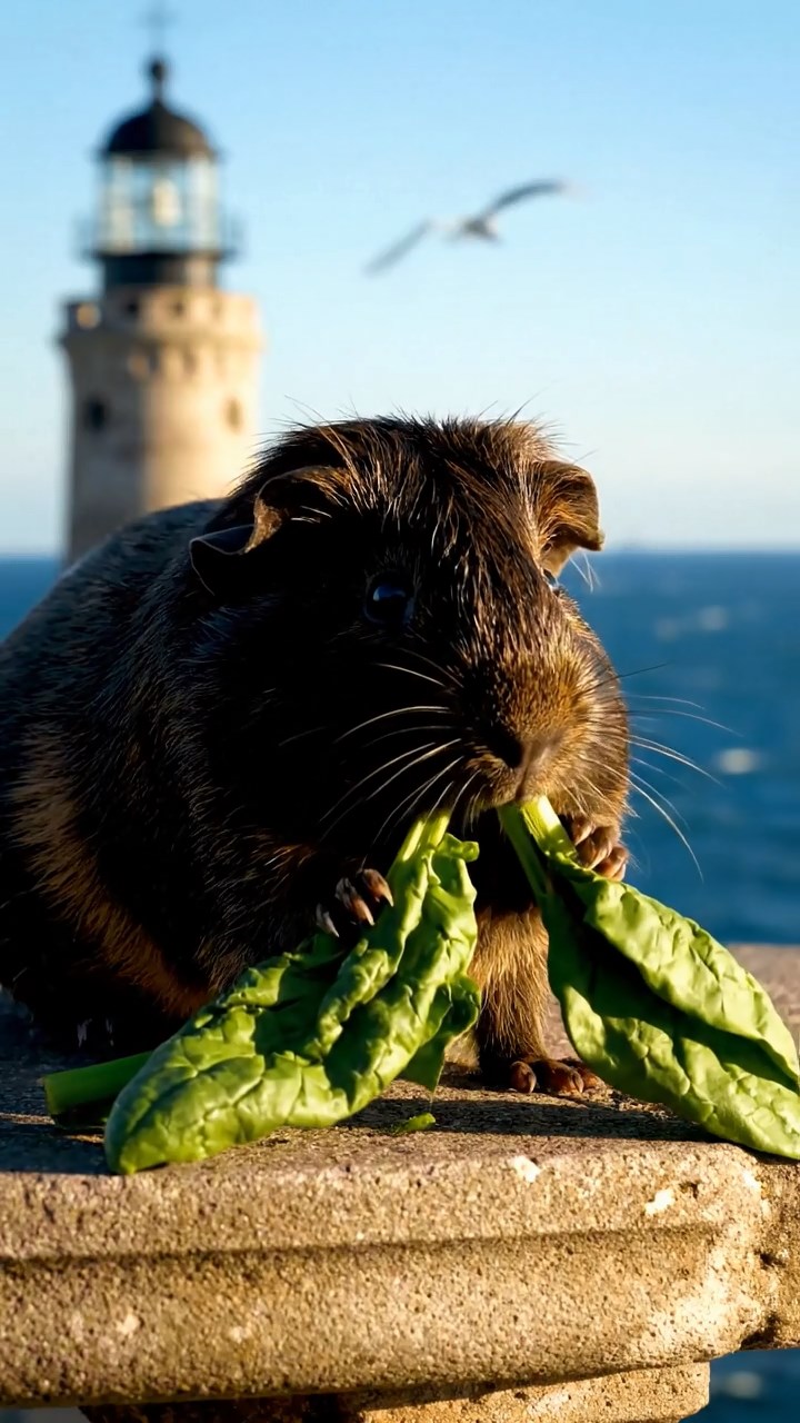1551. Photorealistic image of 1 smooth-haired American guinea pig with sable fur, chewing on spinach bunches, atop a seaside lighthouse balcony with gulls.