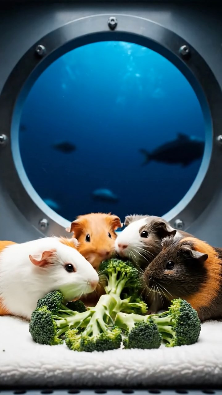 1552. Realistic depiction of 4 smooth-haired Abyssinian guinea pigs in white, orange, and gray colors, sharing broccoli stems, through a deep-sea vessel window.