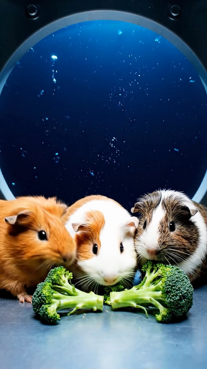 1552. Realistic depiction of 4 smooth-haired Abyssinian guinea pigs in white, orange, and gray colors, sharing broccoli stems, through a deep-sea vessel window.