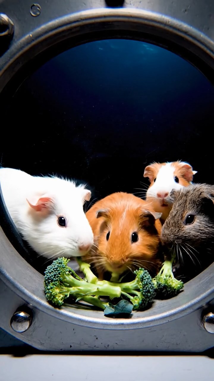 1552. Realistic depiction of 4 smooth-haired Abyssinian guinea pigs in white, orange, and gray colors, sharing broccoli stems, through a deep-sea vessel window.