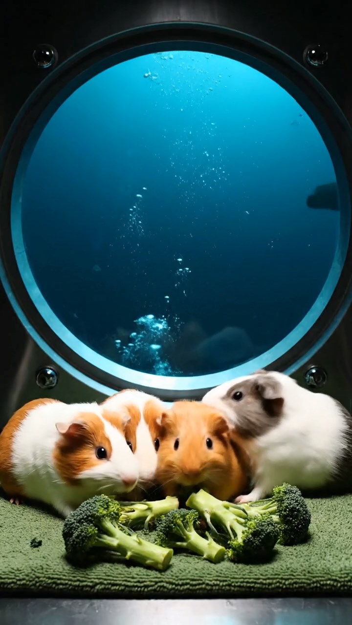 1552. Realistic depiction of 4 smooth-haired Abyssinian guinea pigs in white, orange, and gray colors, sharing broccoli stems, through a deep-sea vessel window.