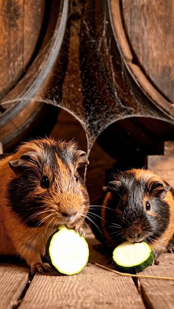 1553. Detailed scene of 2 smooth-haired Peruvian guinea pigs with black and brown fur, munching on zucchini rounds, among cellar wine casks with cobwebs.