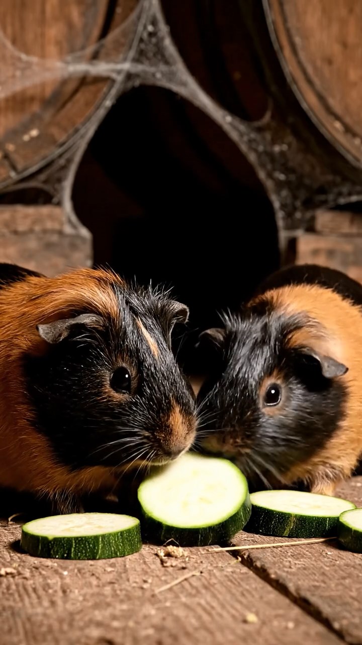 1553. Detailed scene of 2 smooth-haired Peruvian guinea pigs with black and brown fur, munching on zucchini rounds, among cellar wine casks with cobwebs.