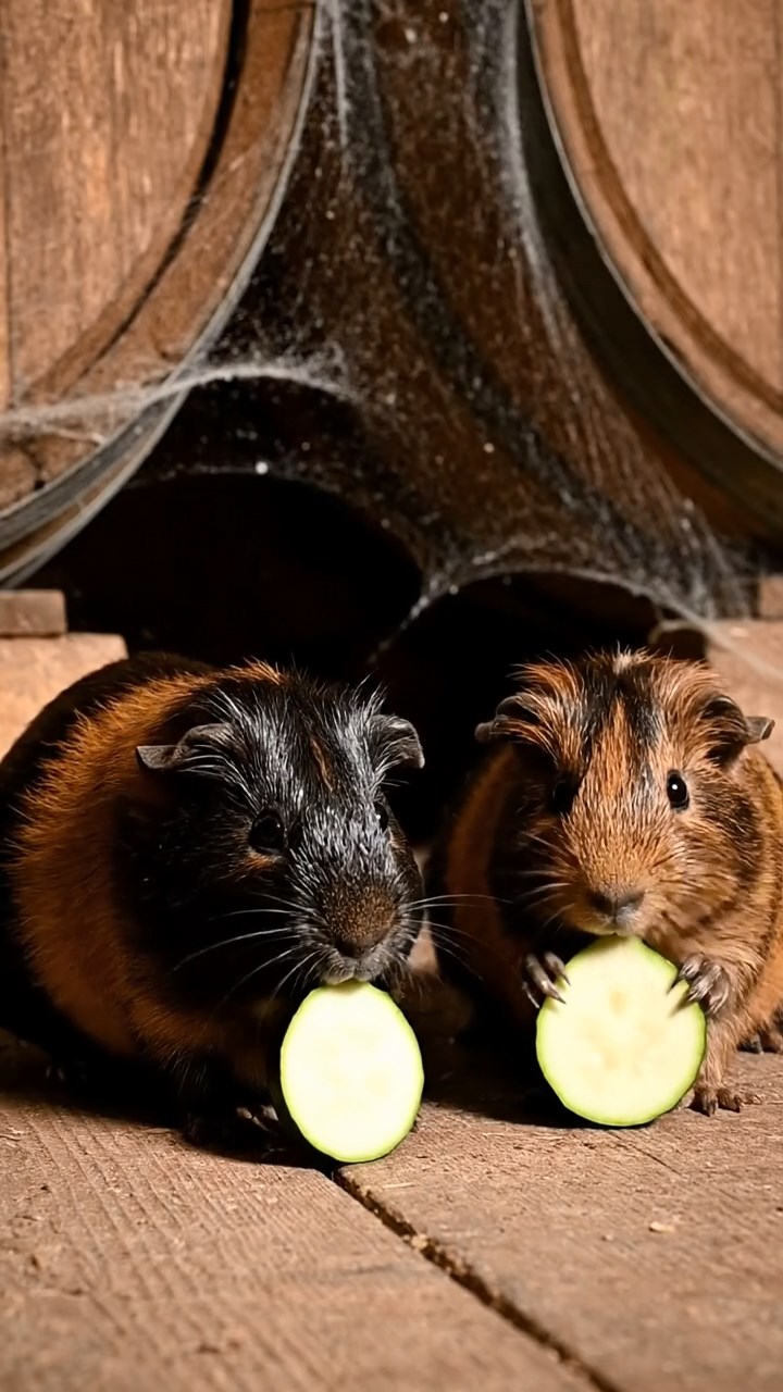 1553. Detailed scene of 2 smooth-haired Peruvian guinea pigs with black and brown fur, munching on zucchini rounds, among cellar wine casks with cobwebs.