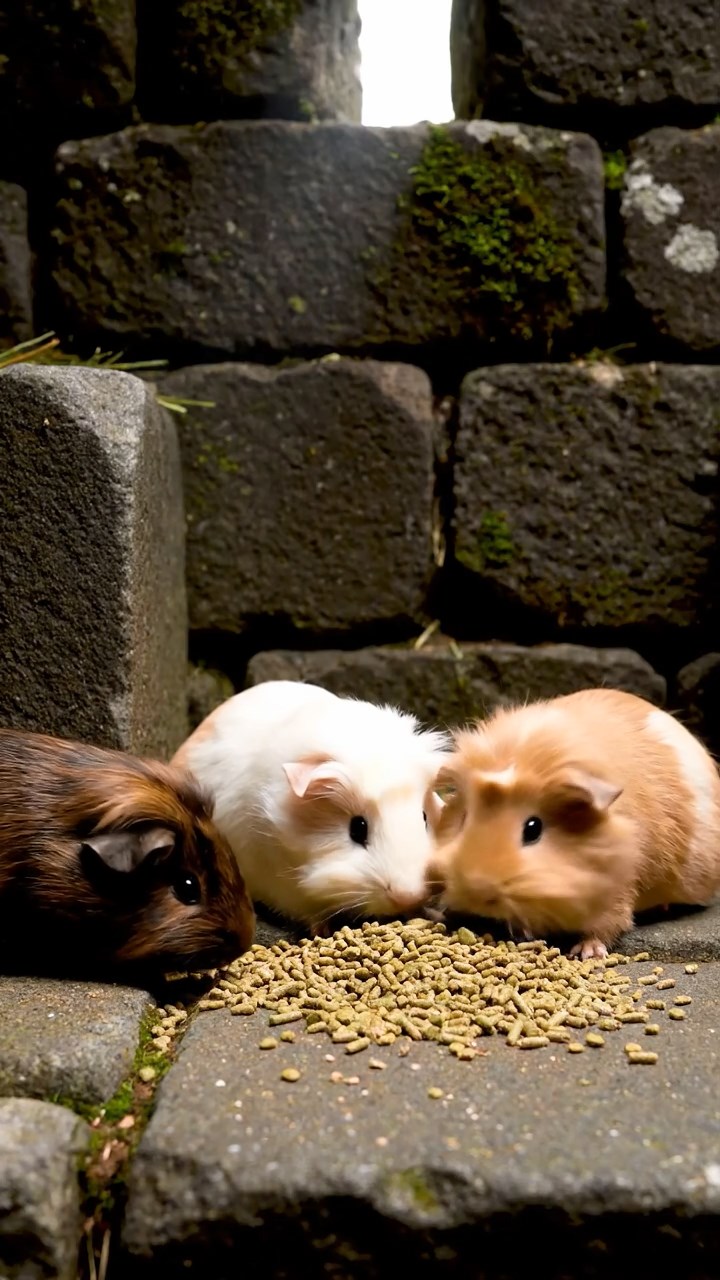 1554. Photorealistic photo of 3 smooth-haired Silkie guinea pigs featuring cream, fawn, and chocolate coats, eating alfalfa pellets, in a stone fortress cell.