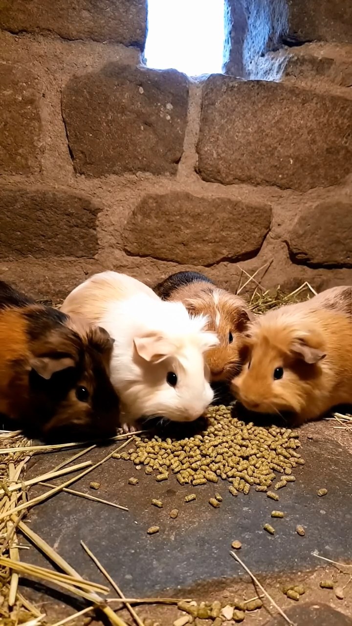 1554. Photorealistic photo of 3 smooth-haired Silkie guinea pigs featuring cream, fawn, and chocolate coats, eating alfalfa pellets, in a stone fortress cell.