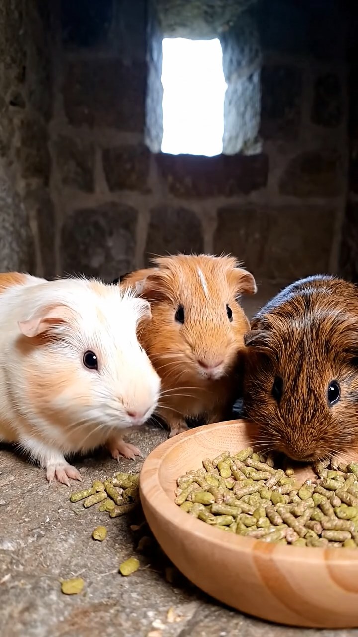 1554. Photorealistic photo of 3 smooth-haired Silkie guinea pigs featuring cream, fawn, and chocolate coats, eating alfalfa pellets, in a stone fortress cell.