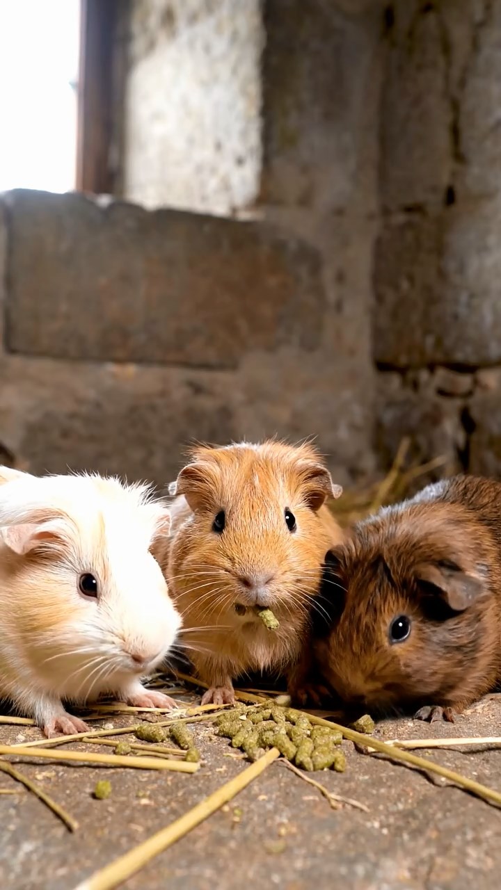 1554. Photorealistic photo of 3 smooth-haired Silkie guinea pigs featuring cream, fawn, and chocolate coats, eating alfalfa pellets, in a stone fortress cell.
