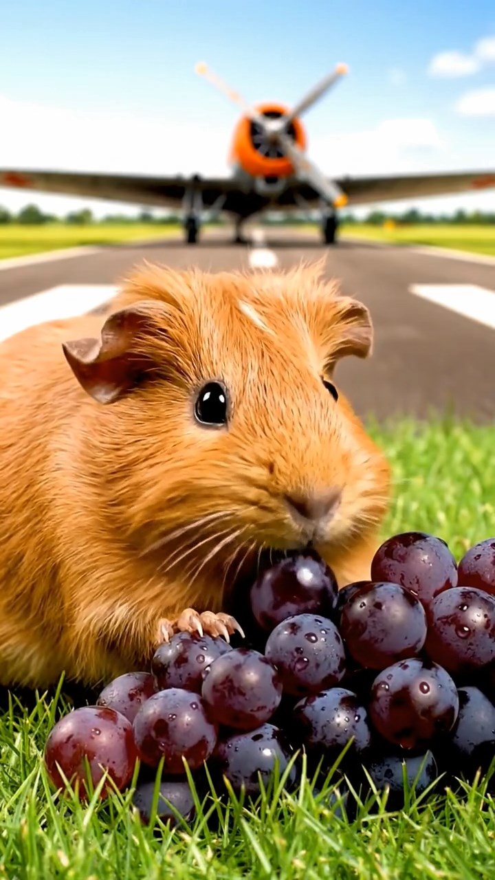 1555. Realistic image of 1 smooth-haired Teddy guinea pig with cinnamon fur, nibbling on grape clusters, near an airfield runway with planes.