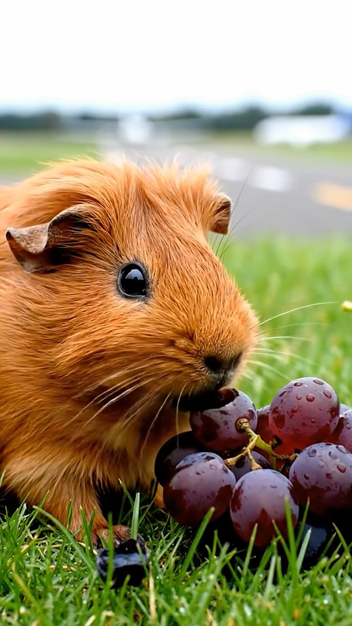1555. Realistic image of 1 smooth-haired Teddy guinea pig with cinnamon fur, nibbling on grape clusters, near an airfield runway with planes.