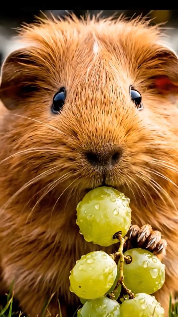 1555. Realistic image of 1 smooth-haired Teddy guinea pig with cinnamon fur, nibbling on grape clusters, near an airfield runway with planes.