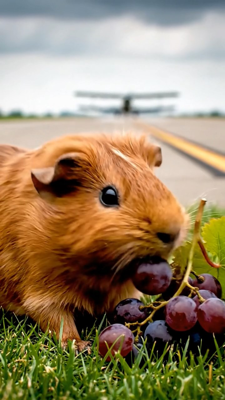 1555. Realistic image of 1 smooth-haired Teddy guinea pig with cinnamon fur, nibbling on grape clusters, near an airfield runway with planes.