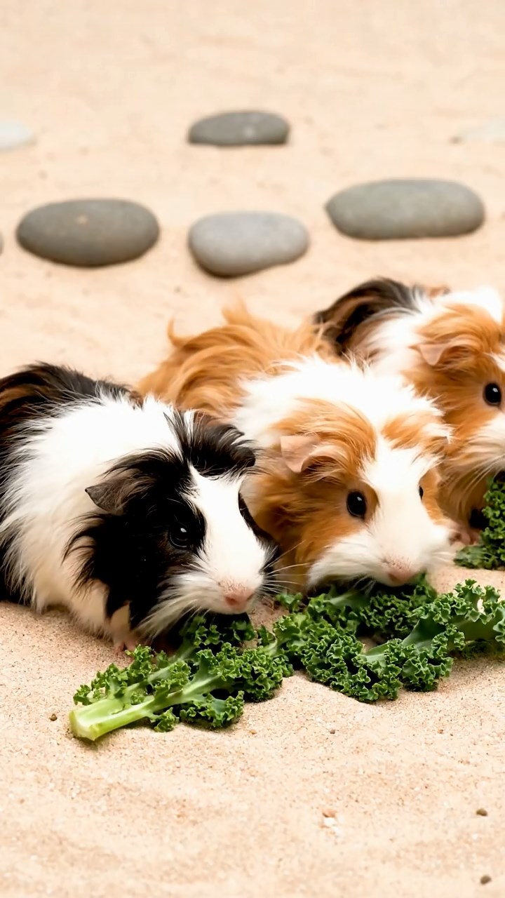 1556. Highly detailed view of 5 smooth-haired Texel guinea pigs with sable, white, and orange fur, chewing on kale stems, in a minimalist sand garden with rocks.
