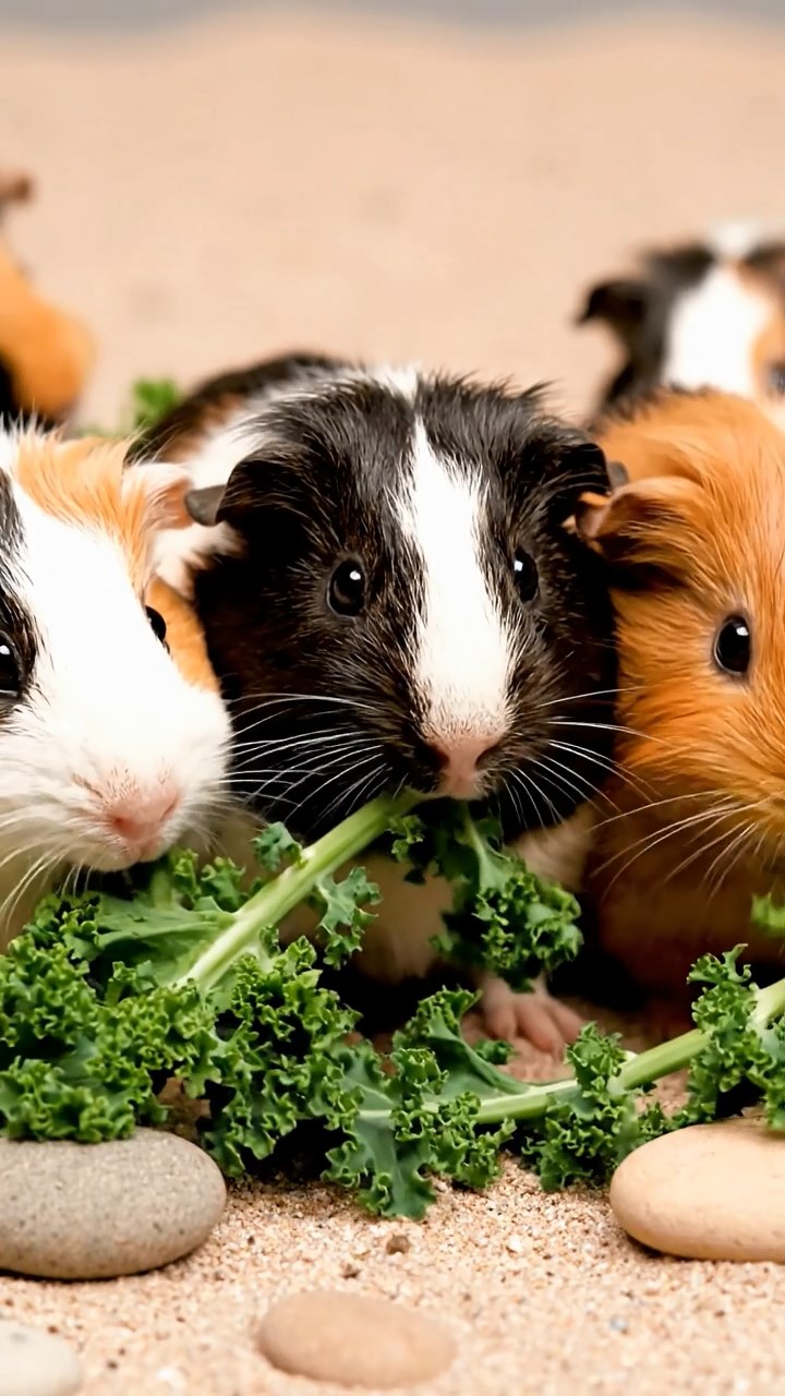 1556. Highly detailed view of 5 smooth-haired Texel guinea pigs with sable, white, and orange fur, chewing on kale stems, in a minimalist sand garden with rocks.
