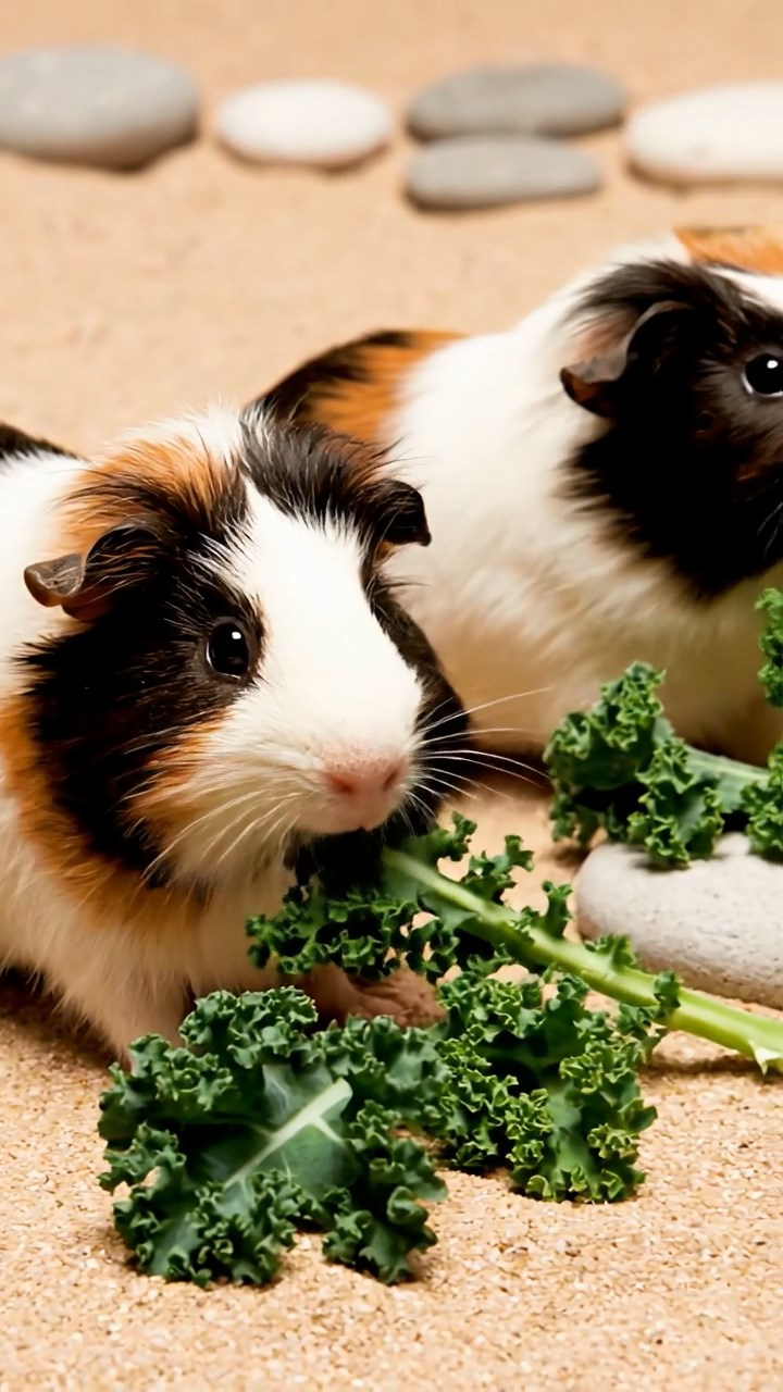 1556. Highly detailed view of 5 smooth-haired Texel guinea pigs with sable, white, and orange fur, chewing on kale stems, in a minimalist sand garden with rocks.