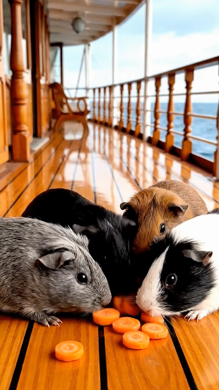 1557. Photorealistic scene of 4 smooth-haired Rex guinea pigs in gray, black, and brown colors, sharing carrot coins, on a cruise vessel promenade with sea views.