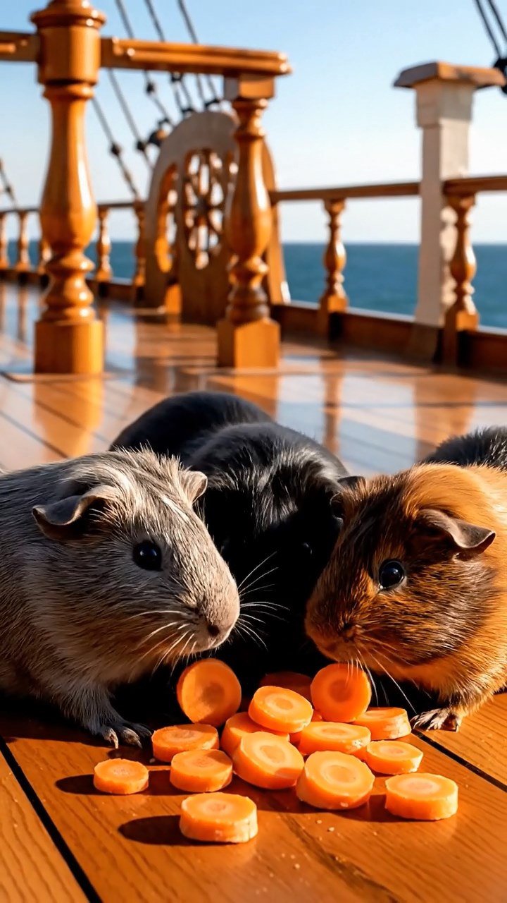 1557. Photorealistic scene of 4 smooth-haired Rex guinea pigs in gray, black, and brown colors, sharing carrot coins, on a cruise vessel promenade with sea views.