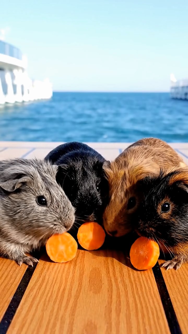 1557. Photorealistic scene of 4 smooth-haired Rex guinea pigs in gray, black, and brown colors, sharing carrot coins, on a cruise vessel promenade with sea views.