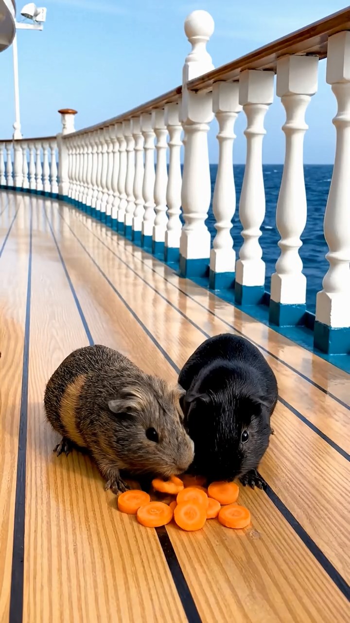 1557. Photorealistic scene of 4 smooth-haired Rex guinea pigs in gray, black, and brown colors, sharing carrot coins, on a cruise vessel promenade with sea views.