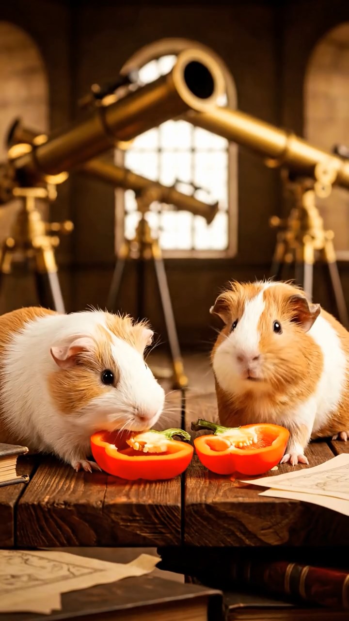 1558. Realistic depiction of 2 smooth-haired Coronet guinea pigs with cream and fawn fur, munching on bell pepper halves, inside an observatory with telescopes.