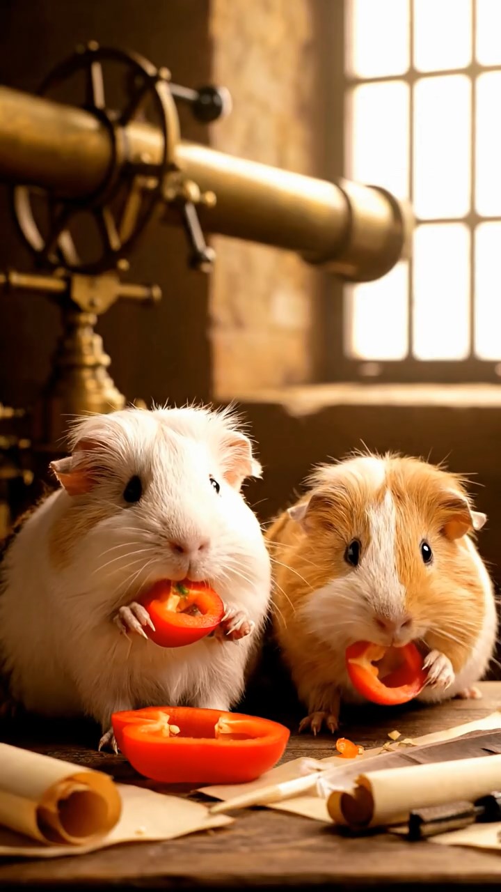 1558. Realistic depiction of 2 smooth-haired Coronet guinea pigs with cream and fawn fur, munching on bell pepper halves, inside an observatory with telescopes.