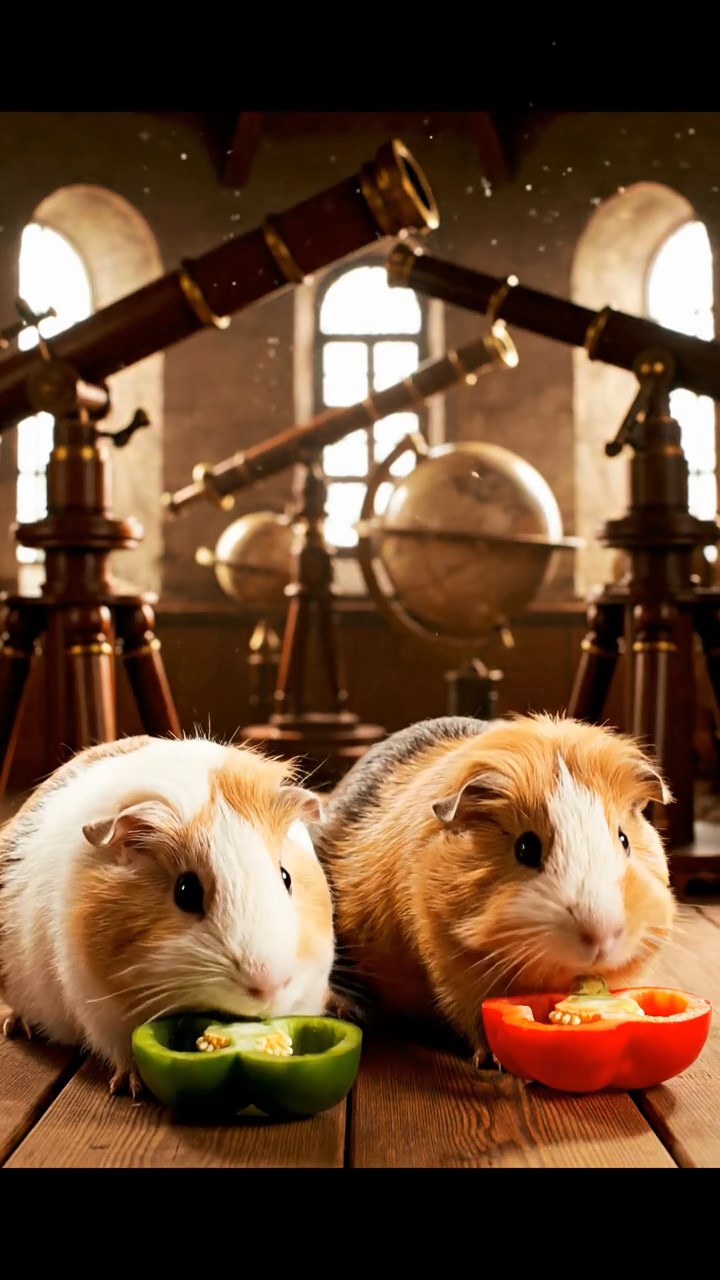 1558. Realistic depiction of 2 smooth-haired Coronet guinea pigs with cream and fawn fur, munching on bell pepper halves, inside an observatory with telescopes.