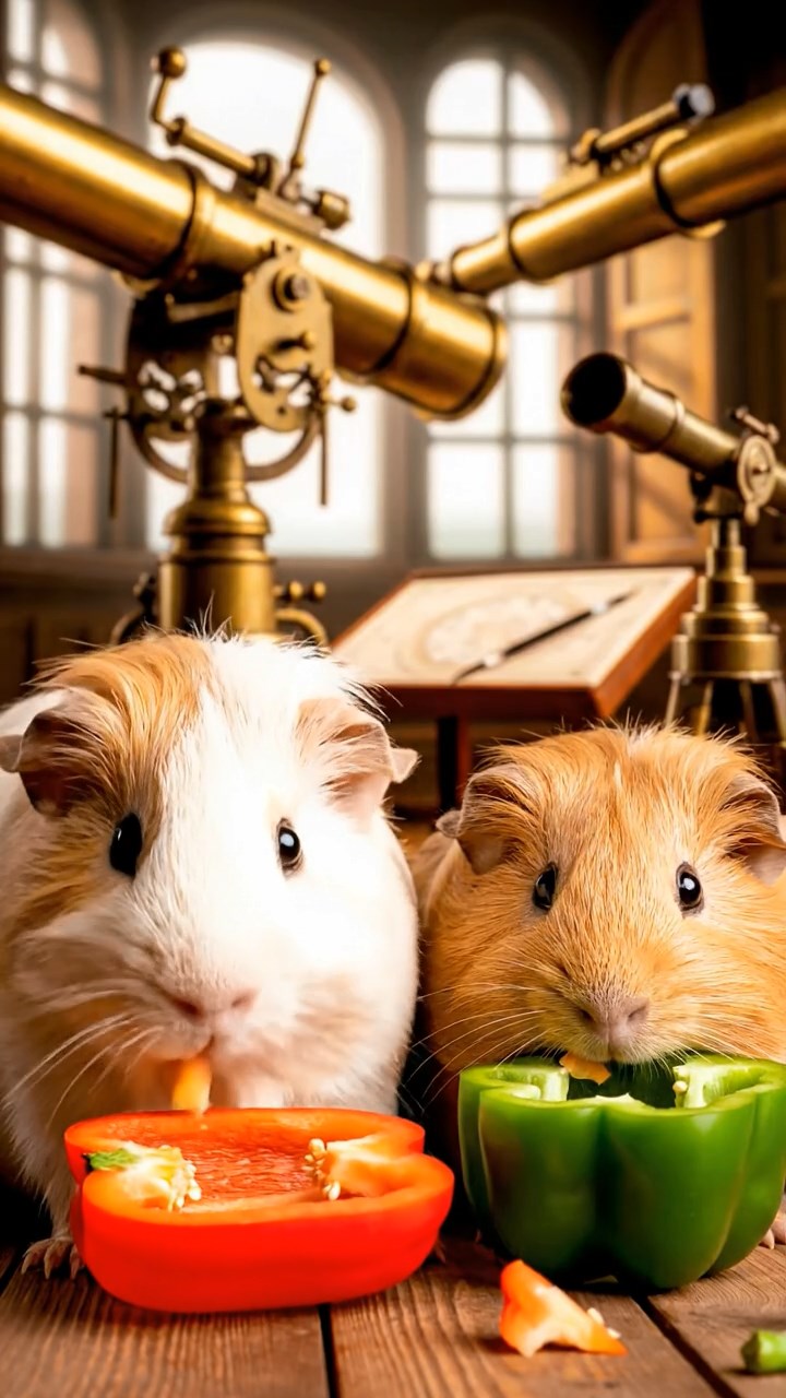 1558. Realistic depiction of 2 smooth-haired Coronet guinea pigs with cream and fawn fur, munching on bell pepper halves, inside an observatory with telescopes.