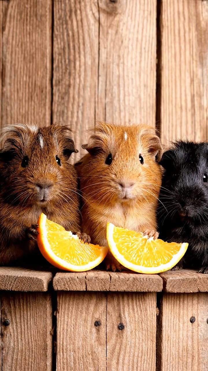 1559. Detailed photo of 3 smooth-haired White Crested guinea pigs featuring chocolate, cinnamon, and sable coats, eating orange wedges, atop a farm storage silo.