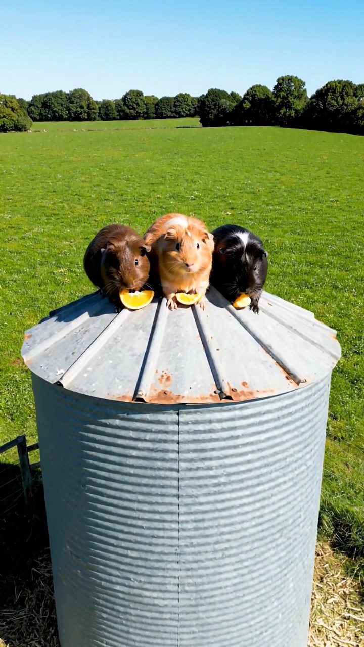 1559. Detailed photo of 3 smooth-haired White Crested guinea pigs featuring chocolate, cinnamon, and sable coats, eating orange wedges, atop a farm storage silo.
